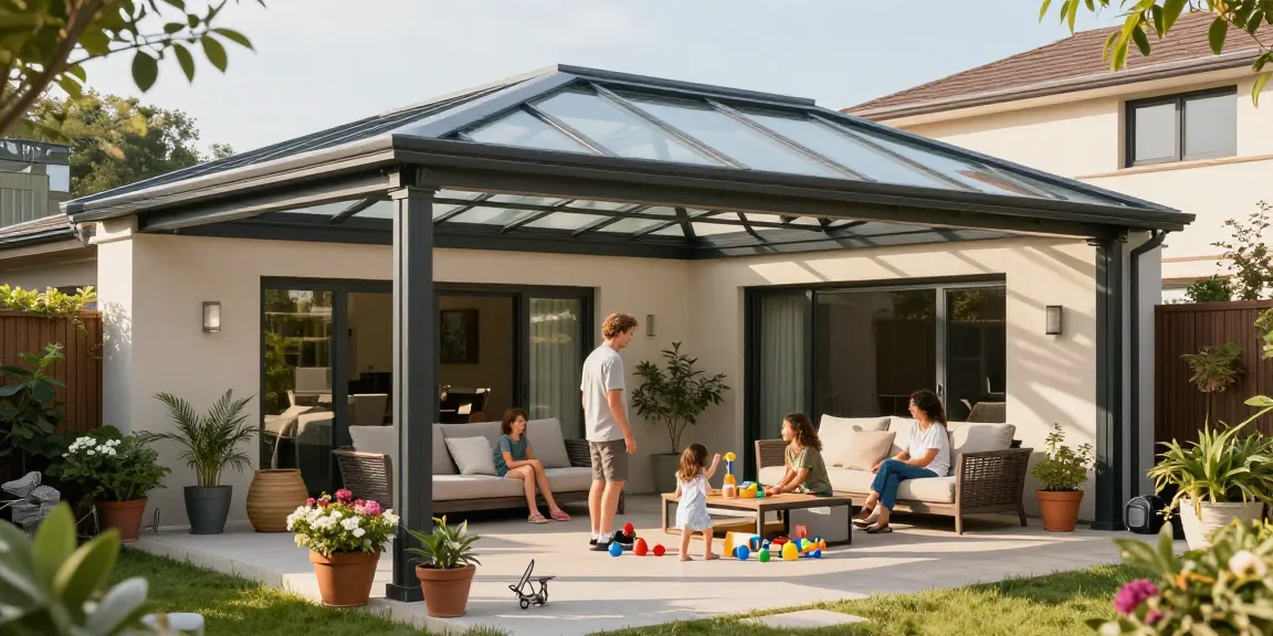 Terrassenüberdachung in einem modernen Garten, Familie genießt entspannte Stunden auf der Terrasse.