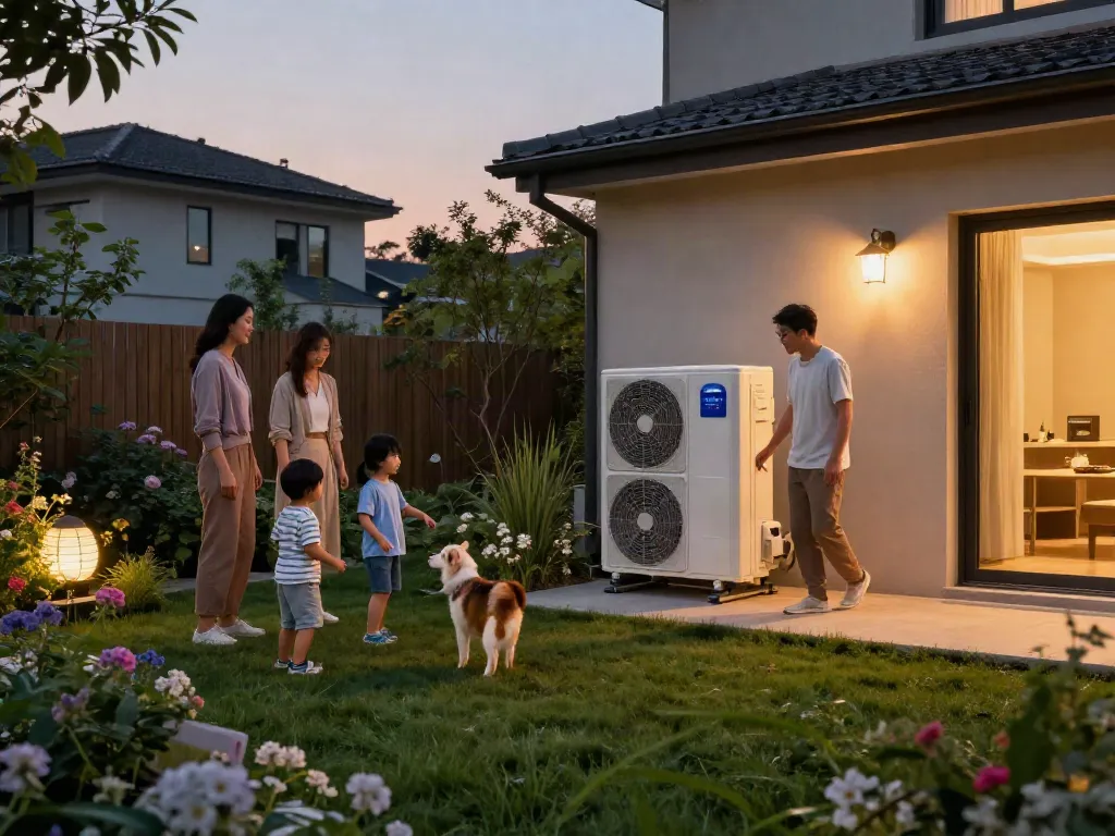 Wärmepumpen in modernem Wohnumfeld, Familie genießt den Garten in nachhaltiger Atmosphäre.