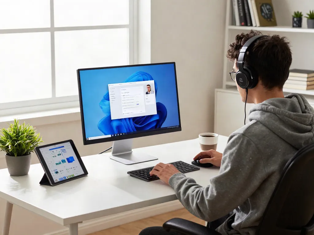 Moderne Home-Office-Szene mit Windows 11 Home auf dem Bildschirm.