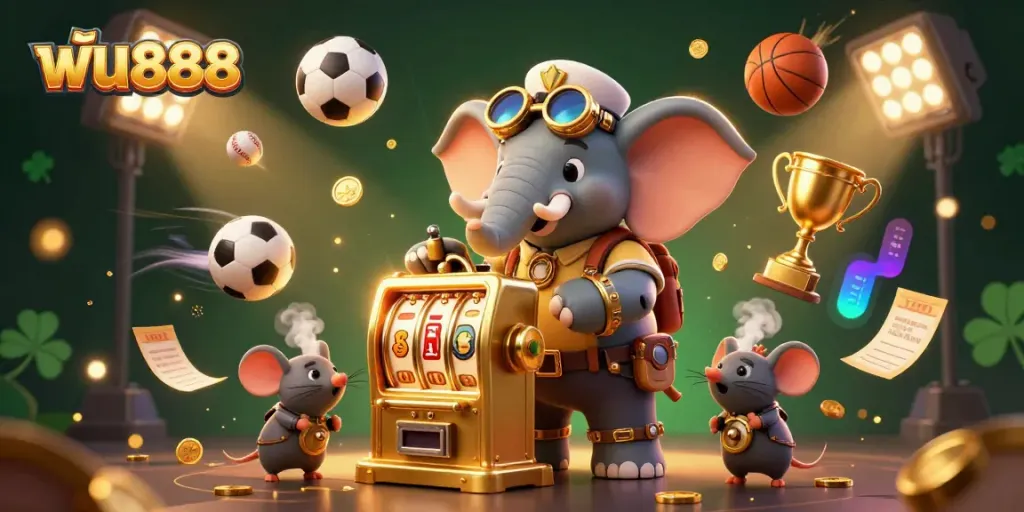 Experience the thrill of ฟัน888 with vibrant sports elements and 3D characters in an epic betting scene.