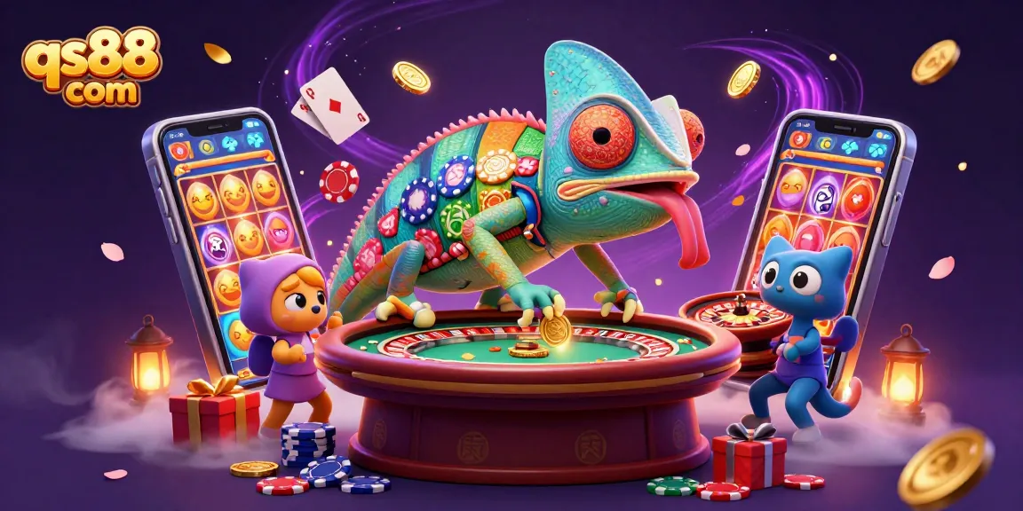 Experience excitement with qs88 com games, featuring an energetic 3D chameleon casino owner in vibrant casino scene
