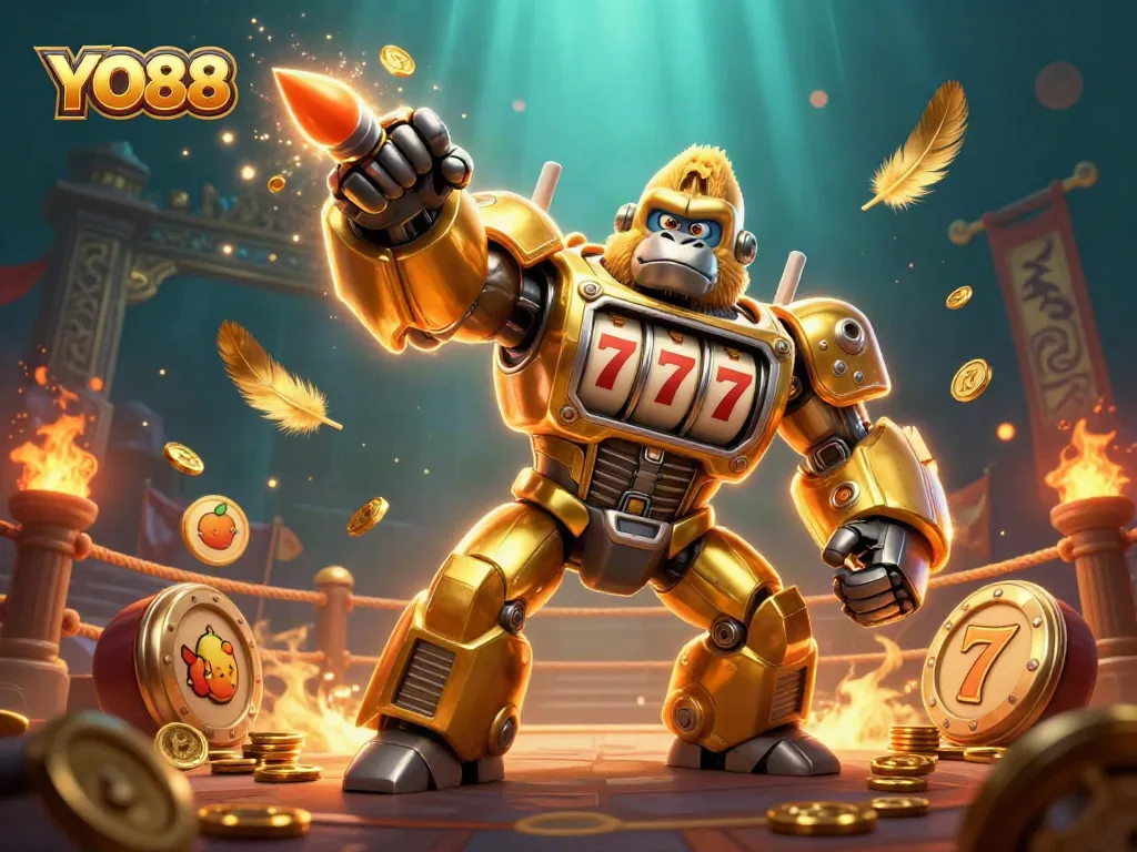 Engage with thrilling YO88 gaming adventures battling with a vibrant 3D golden gorilla mech amidst swirling coins and symbols.