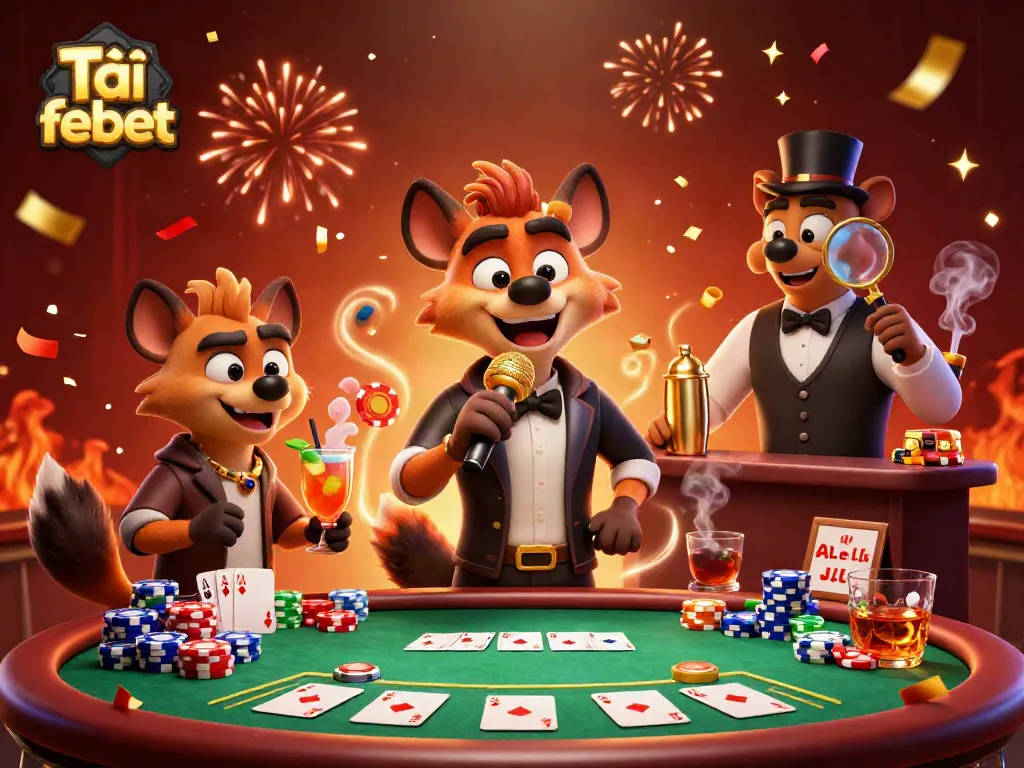 Join the fun at Tải febet's lively casino with hyenas, poker games, and vibrant celebrations!