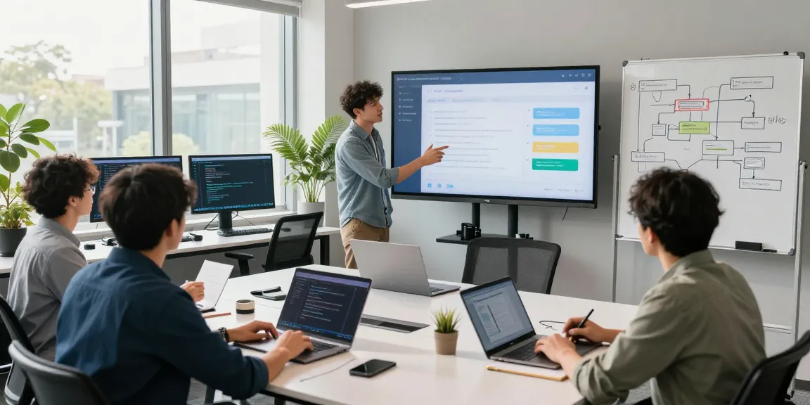 Team collaborating to build internal tools with AI in a modern tech workspace.