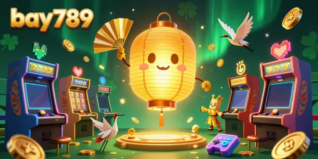 Engage in thrilling gaming adventures with bay789's vibrant casino scene, showcasing colorful slot machines and lucky symbols.