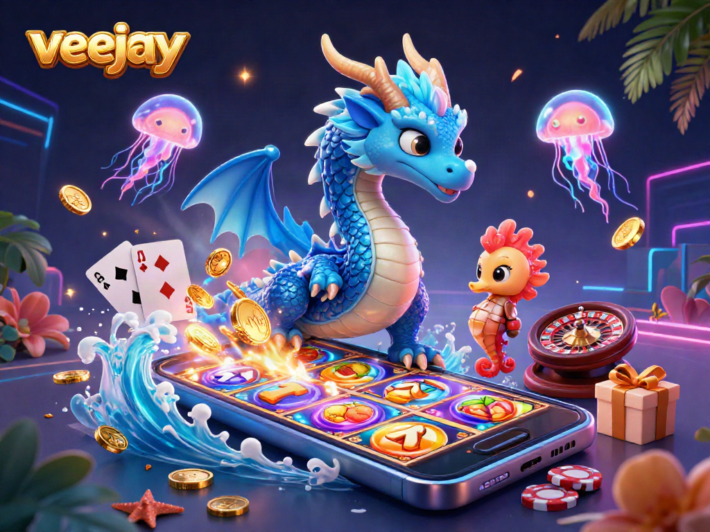 Veejay bietet ein fesselndes Casino-Erlebnis mit bunten Spielautomaten und glänzenden Münzen.