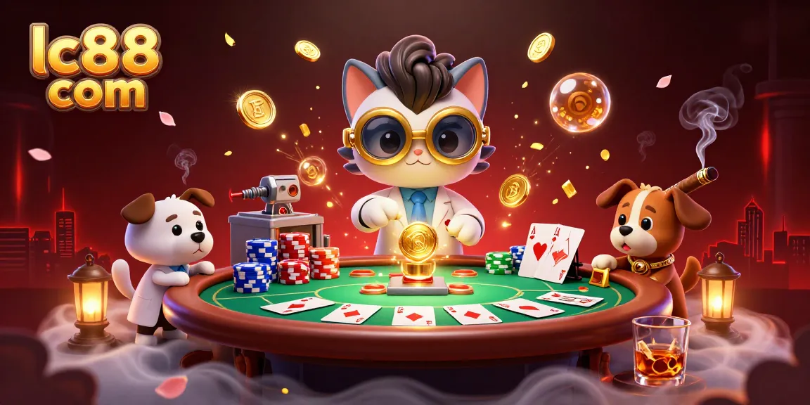 Engage in vibrant casino action with lc88 com featuring a mad scientist cat at a poker table
