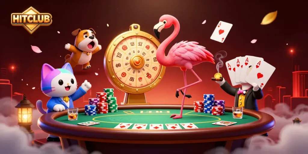 HITCLUB animated scene showcasing a vibrant casino atmosphere with game elements and excited characters.