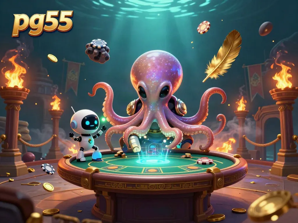 Engage in thrilling action with pg55 at a vibrant poker table with alien characters in a cosmic casino scene.