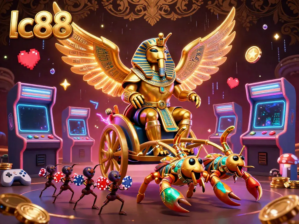 Master the exciting gaming world at lc88 with a vibrant 3D illustration featuring a scarab beetle and casino elements.