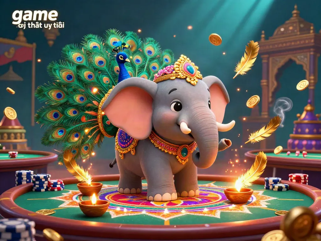 Engage with the vibrant scene of game đổi thưởng uy tín featuring a festive elephant and peacock in a rich casino atmosphere.