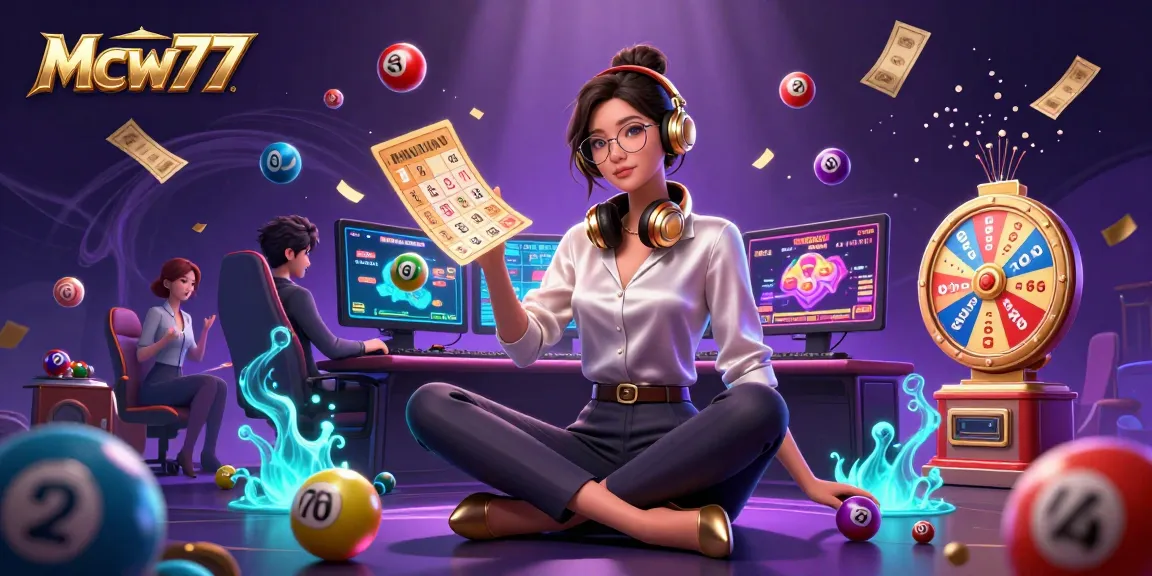 Experience exciting gaming adventures at Mcw77 with vibrant lottery elements and a high-tech setup.