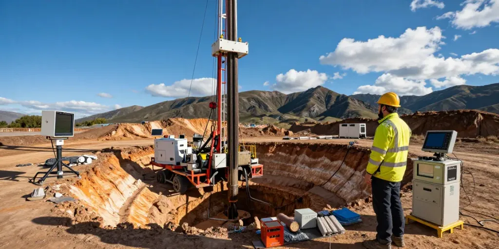 Geothermie Bohrung in den Bergen mit Geologen, Bohrgerät und technologischen Geräten.