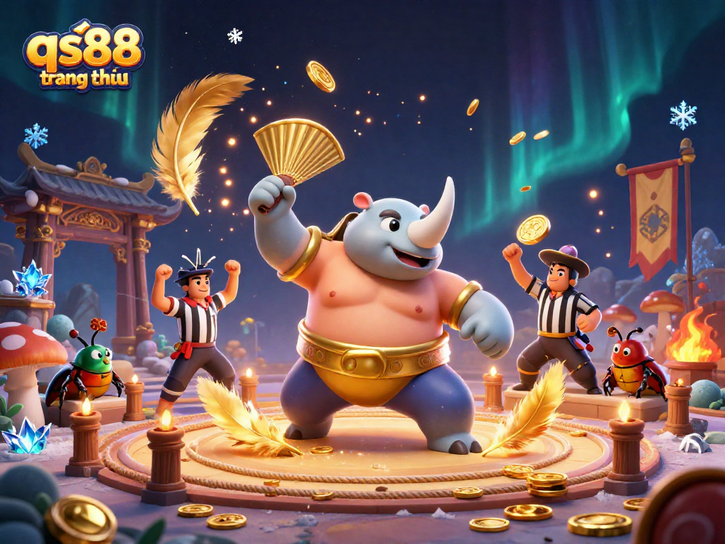 Experience thrilling action at qs88 trang chủ with a vibrant illustration showcasing a sumo beetle champion amidst exciting casino elements.