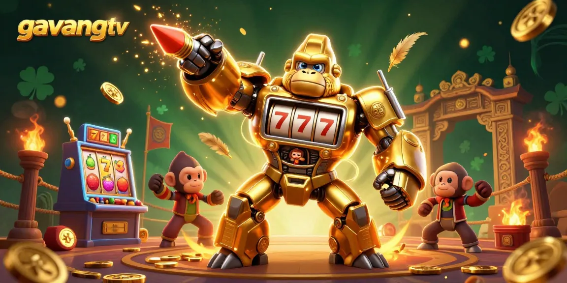 Experience thrilling gameplay at gavangtv with a dynamic golden gorilla mech surrounded by exciting casino elements.