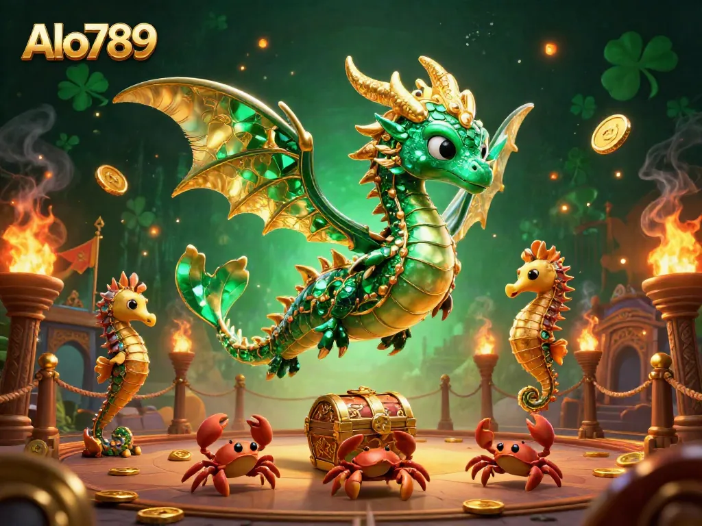Alo789 immersive online gaming scene featuring a majestic emerald sea dragon with vibrant game elements and golden tokens.