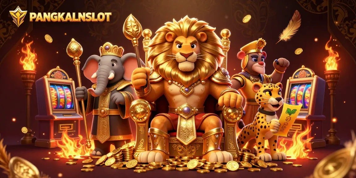 PANGKALANSLOT showcases a vibrant slot gaming scene with a royal lion, wise elephant, and swift cheetah.