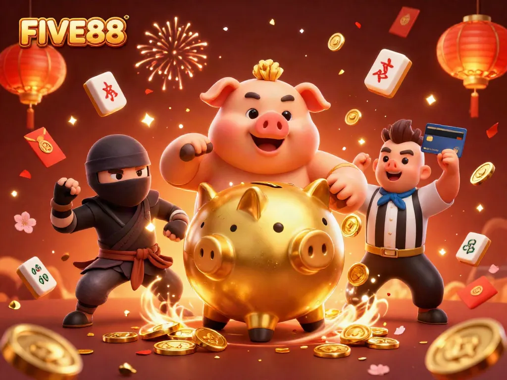 Engage with the dynamic scene of FIVE88 featuring a golden piggy bank sumo wrestler and exciting gambling elements.