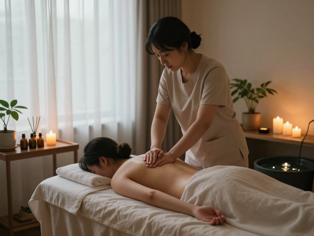 Relaxing 부천출장마사지 session in a tranquil wellness room with candles and soothing ambiance.