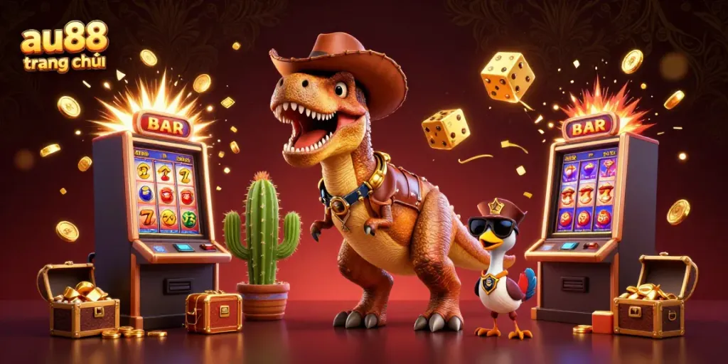 Experience excitement at au88 trang chủ with the T-Rex mascot and vibrant slot machines bursting with winnings.