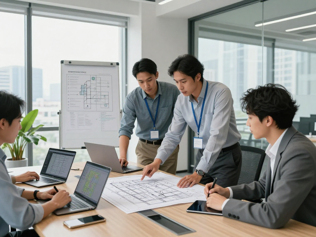 Vermessungsbüros und ÖbVI-Team bei der Zusammenarbeit an digitalen Plänen und Karten in einem modernen Büro.