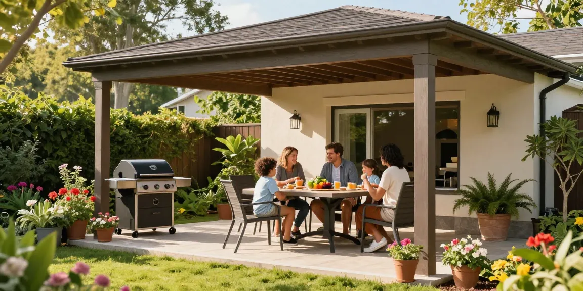 Eine freistehende Terrassenüberdachung, unter der eine Familie entspannende Momente im Garten genießt, umgeben von grünen Pflanzen.