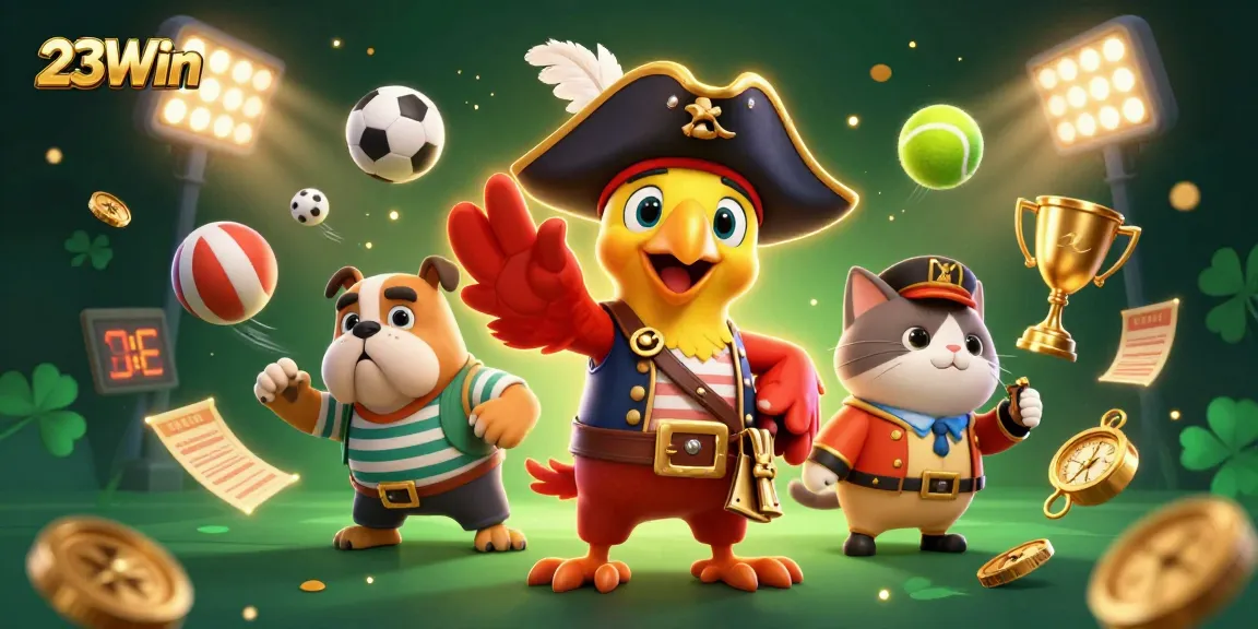 Experience the excitement of 23Win with lively gambling characters and dynamic sports elements.