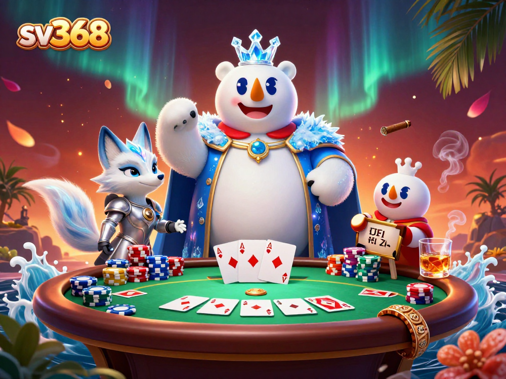 Experience thrilling poker action with sv368, featuring an ice king polar bear and snow fox, amidst vibrant casino elements.