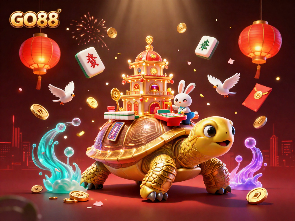 Experience the excitement of GO88 with this vibrant 3D casino illustration featuring a golden tortoise, dealer, and festive elements.