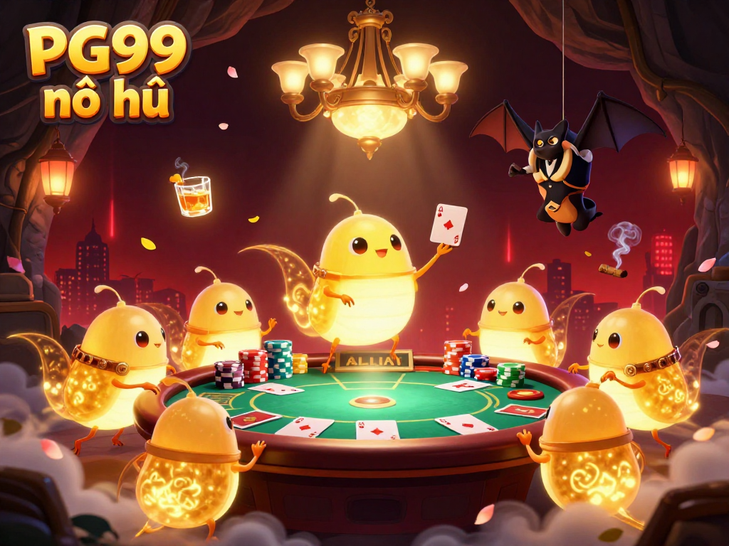 Experience PG99 nổ hũ in a vibrant cave casino scene with glowworms and a bat dealer.