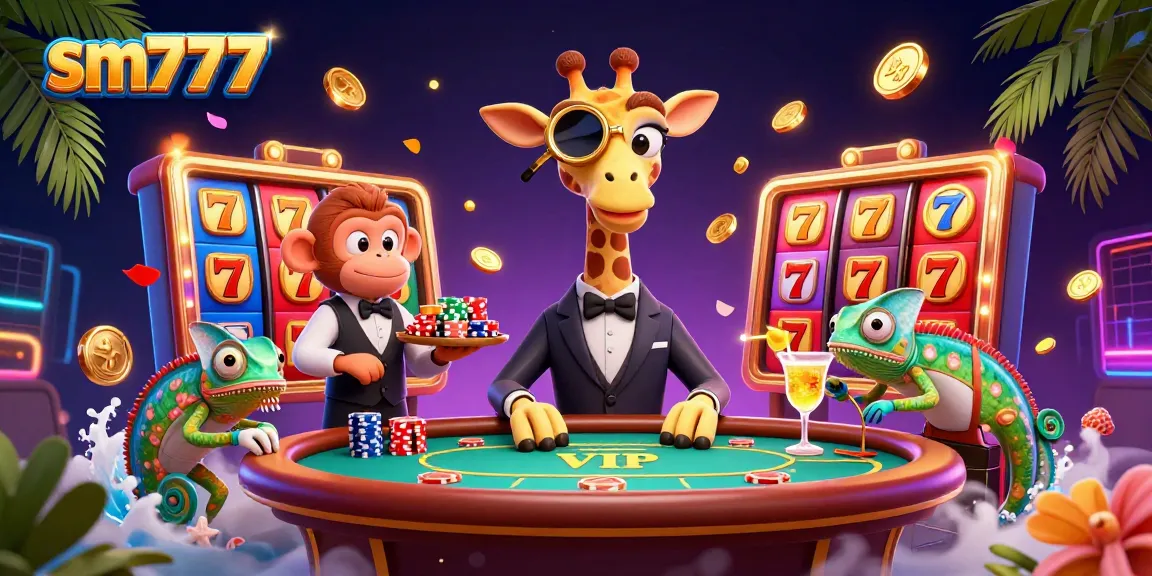 Engage with sm777's thrilling slot gaming experience featuring a high-roller giraffe and fun casino elements.