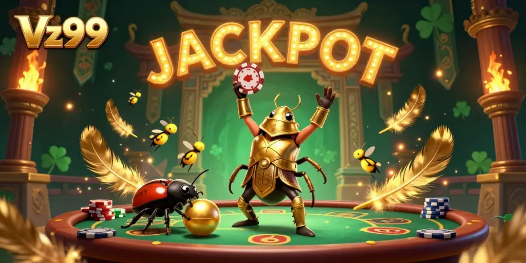 Experience jackpot excitement with Vz99 in this vibrant casino scene featuring unique beetle characters.