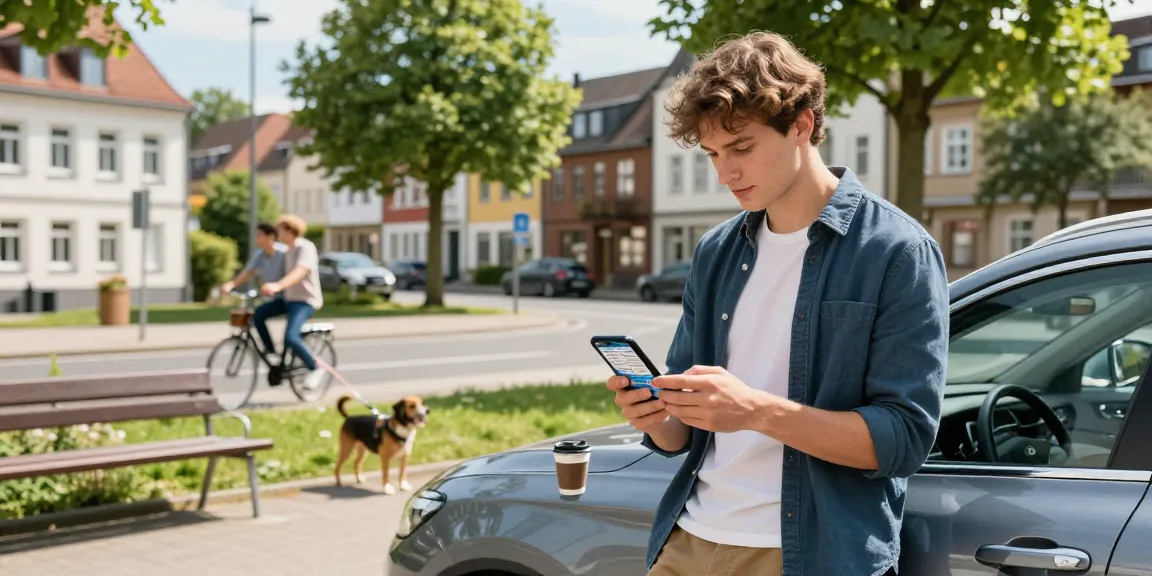 Autoversicherung in Dortmund: Junge Fahrerin vergleicht günstigste Tarife für Autos auf ihrem Smartphone in typischer Dortmunder Nachbarschaft.