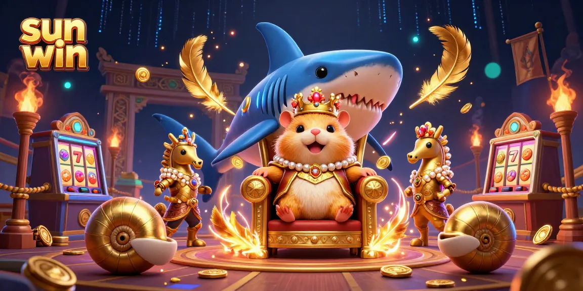Experience thrilling action with sun win, featuring a golden hamster king amidst slot machines and rich casino wealth.