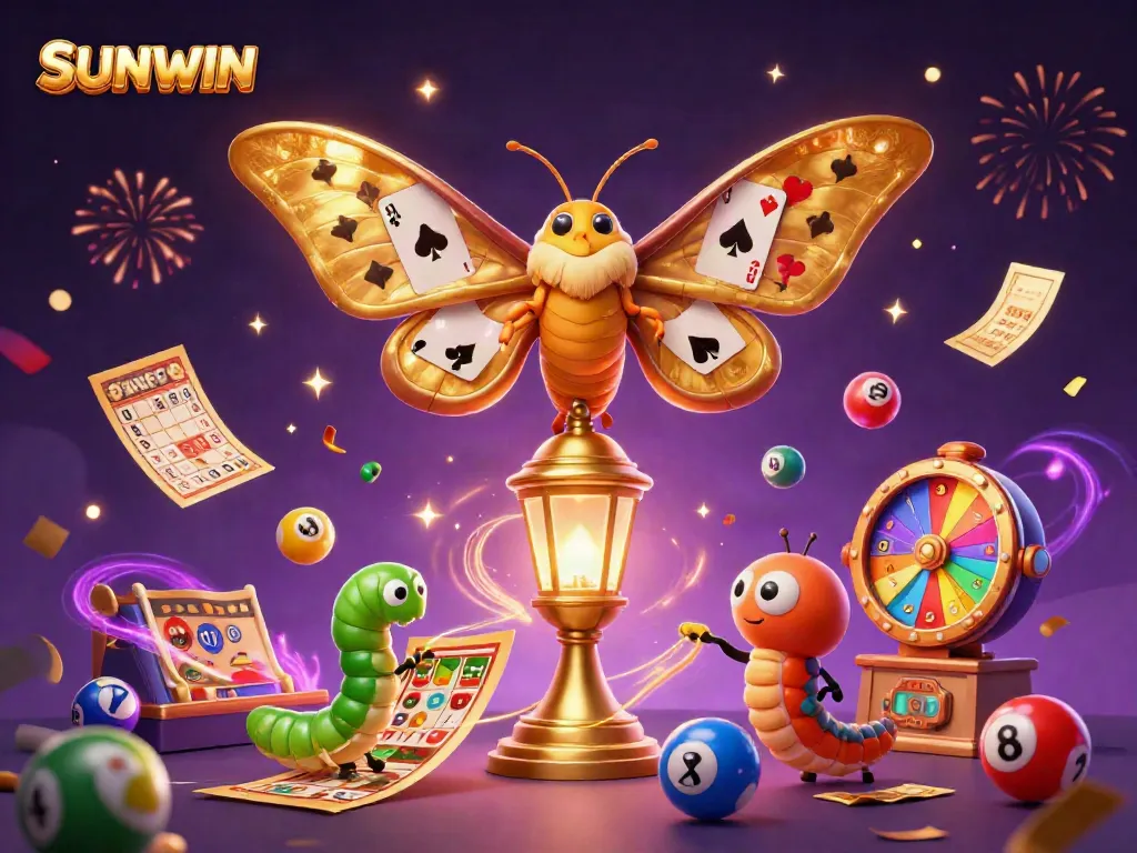 SUNWIN captivates players with vibrant lottery balls, golden tickets, and a majestic moth in a festive casino illustration