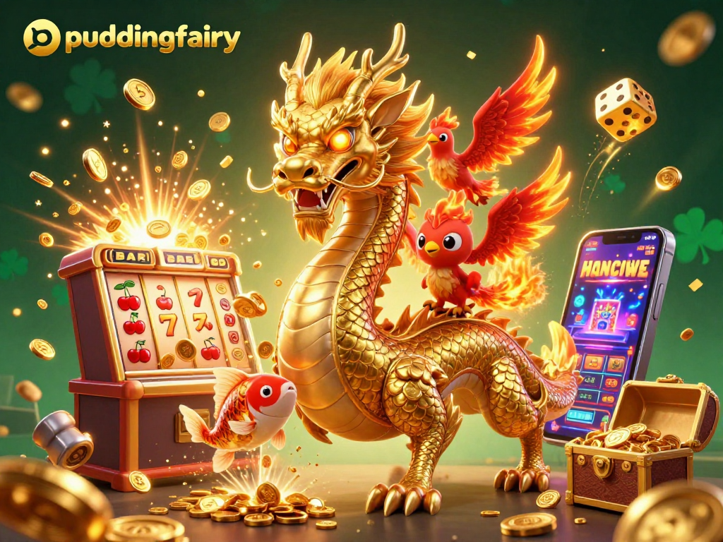 Engage in thrilling gameplay with puddingfairy, featuring a majestic dragon, lucky koi, and exciting casino elements.