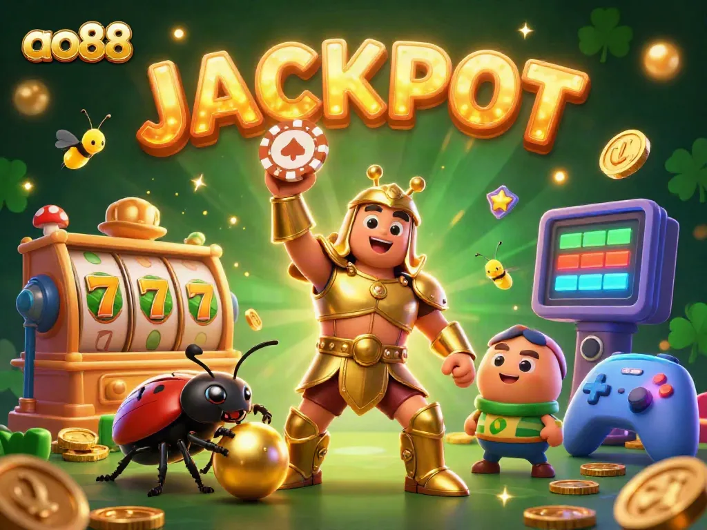 Celebrate your wins at ao88 with the thrilling jackpot illustration, full of vibrant casino elements.