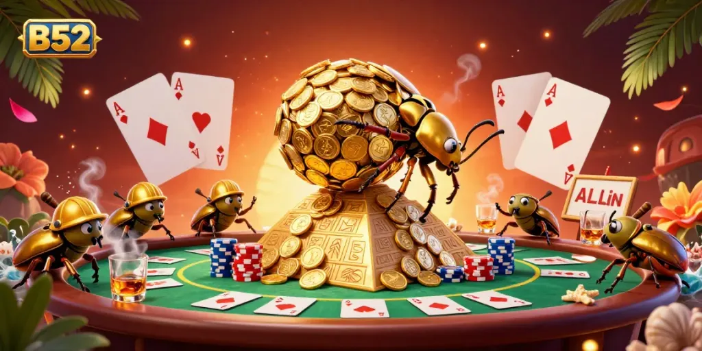 B52 club's vibrant 3D illustration featuring a golden dung beetle rolling coins among poker elements