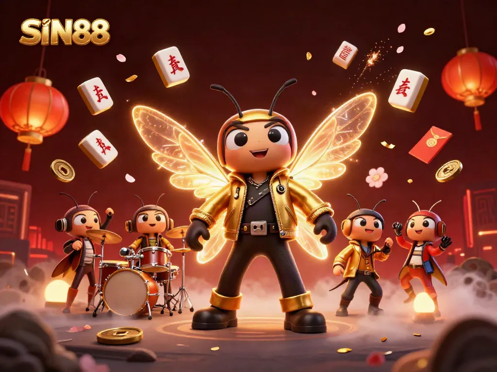 SIN88 casino illustration depicting a vibrant scene with a rock star cicada, beetle drummer, and crickets amidst dynamic gaming elements.