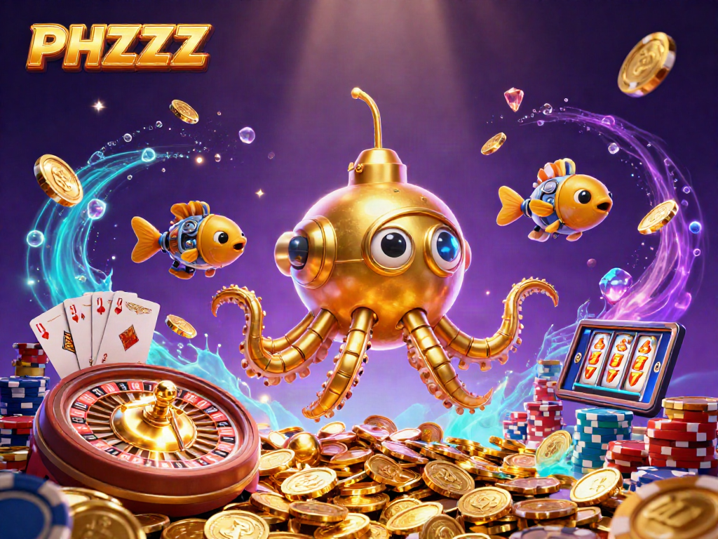 Engage with the PHZZZ slot adventure featuring a golden kraken submarine amidst shimmering casino treasures.