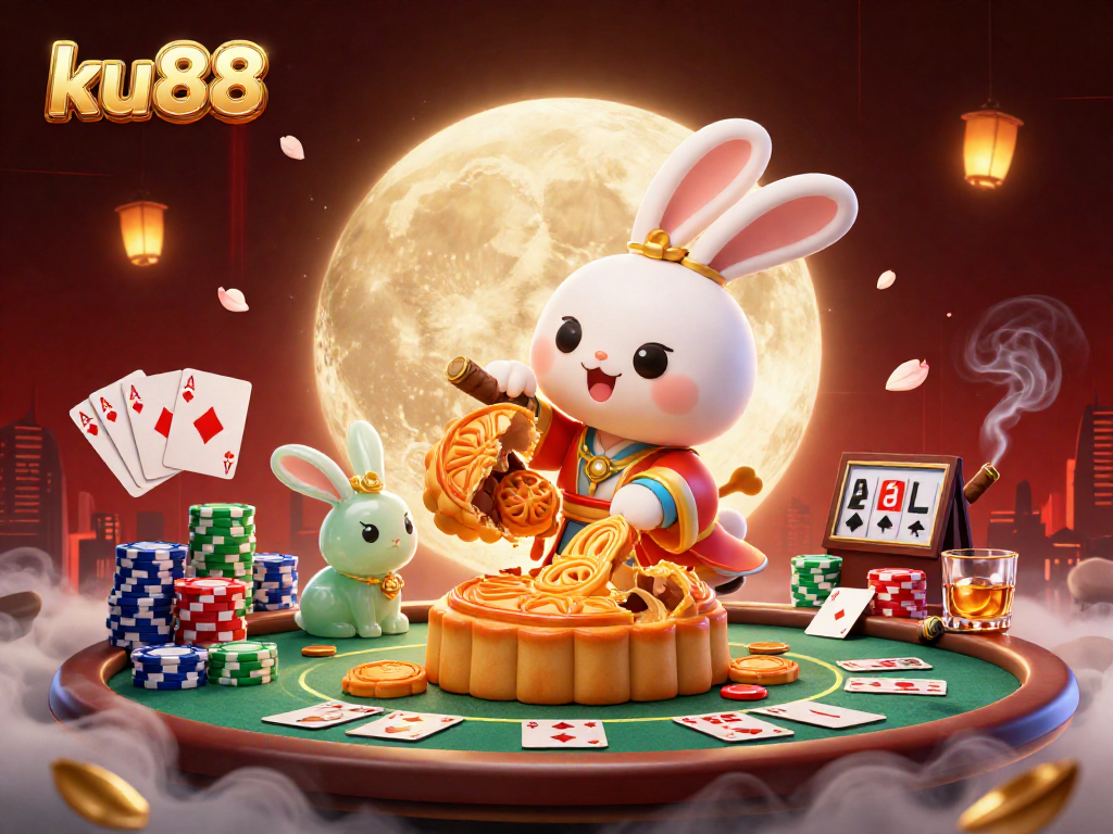 Join the fun at ku88 as our moon rabbit spins poker chips amidst an enchanting casino scene!