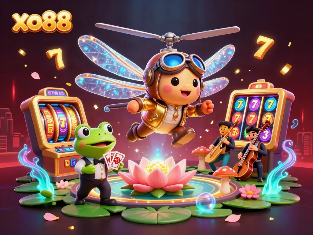 Experience thrilling card games at xo88 with a vibrant 3D casino scene featuring a dragonfly pilot and a frog croupier.