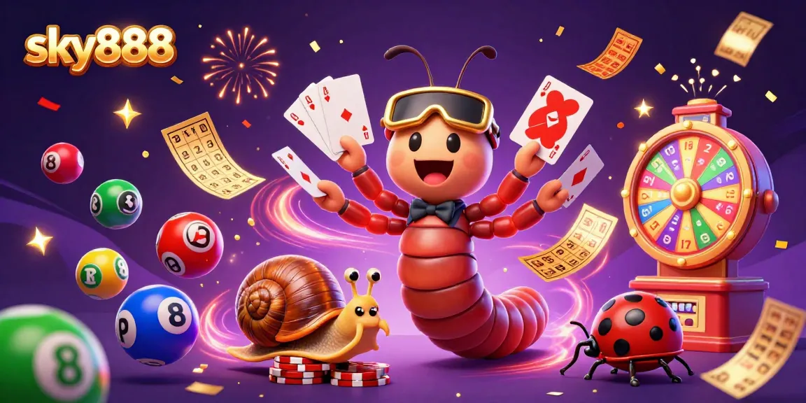 Engage with sky888's lively casino atmosphere featuring a dynamic millipede dealer, lottery balls, and celebration confetti.