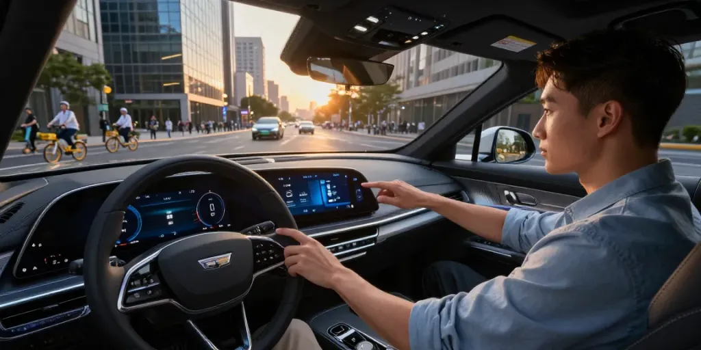 Do the Driving Modes in the Cadillac Lyriq Offer Different Ranges or Battery Usages? Driver adjusting settings in electric vehicle amidst cityscape.