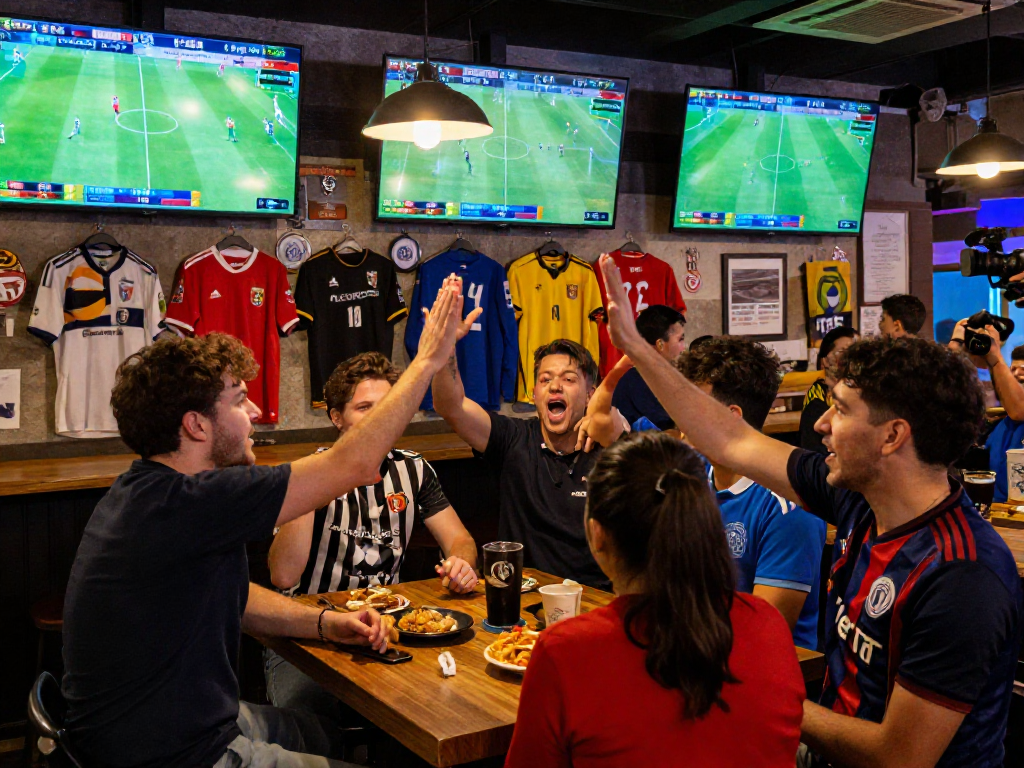 Fußballwetten WM: Fans diskutieren leidenschaftlich über Quoten und Spiele in einem lebhaften Sportbar.