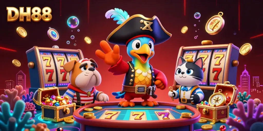 Experience adrenaline with DH88 as pirate characters engage in lively casino gaming surrounded by treasure.