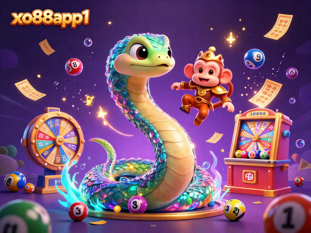 Engage with the lively scene of xo88app1 featuring a vibrant rainbow serpent and dynamic casino elements.