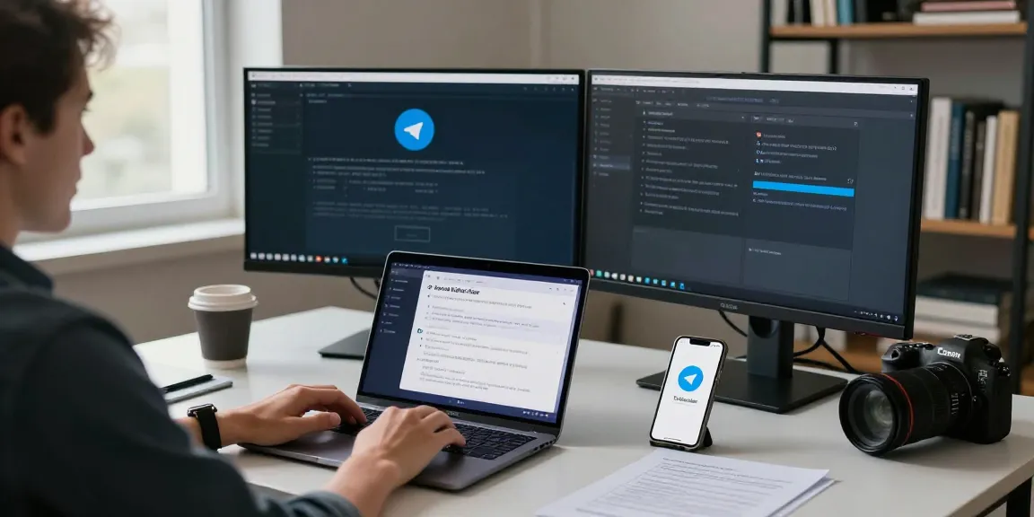 Setting up Telegram中文 settings on a modern workspace with dual monitors and a laptop.