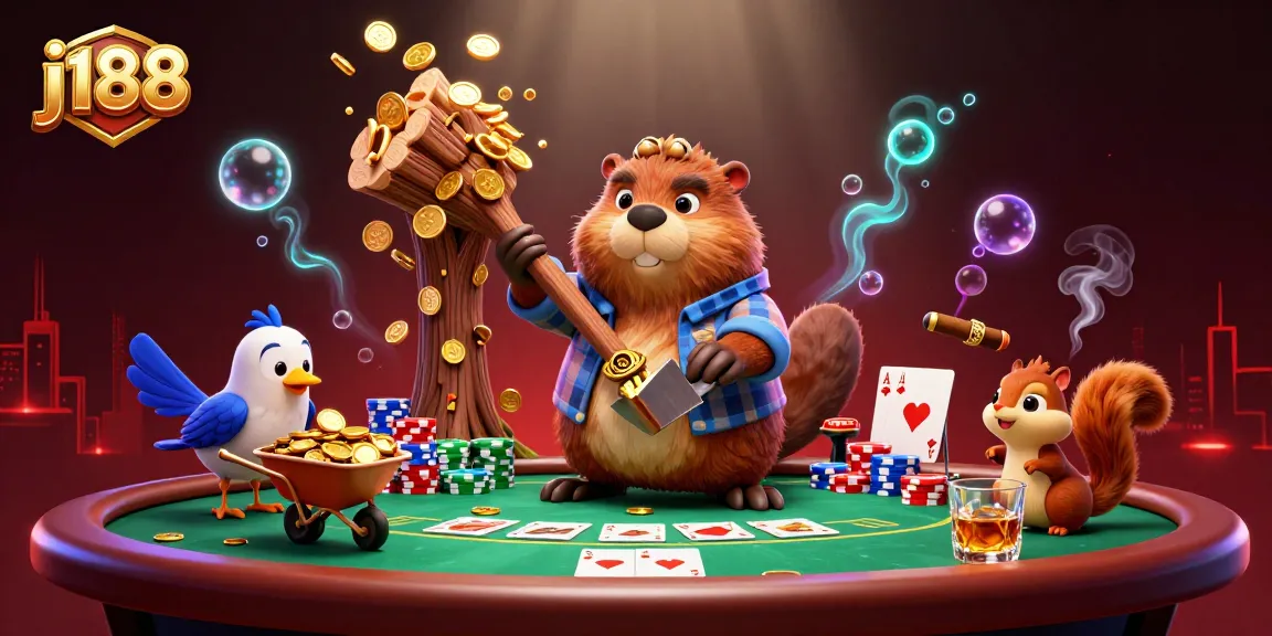 j188 illustrates a lively scene with a beaver and friends celebrating at a poker table.