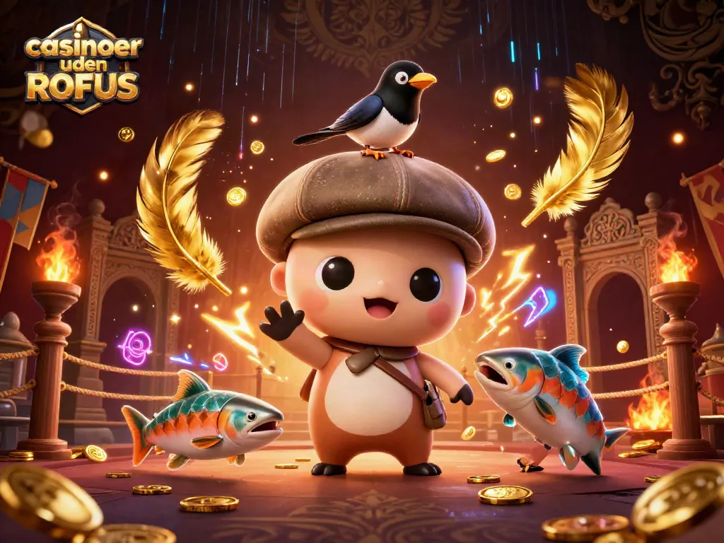 Experience exciting gaming with casinoer uden ROFUS, featuring playful 3D characters and vibrant casino elements.